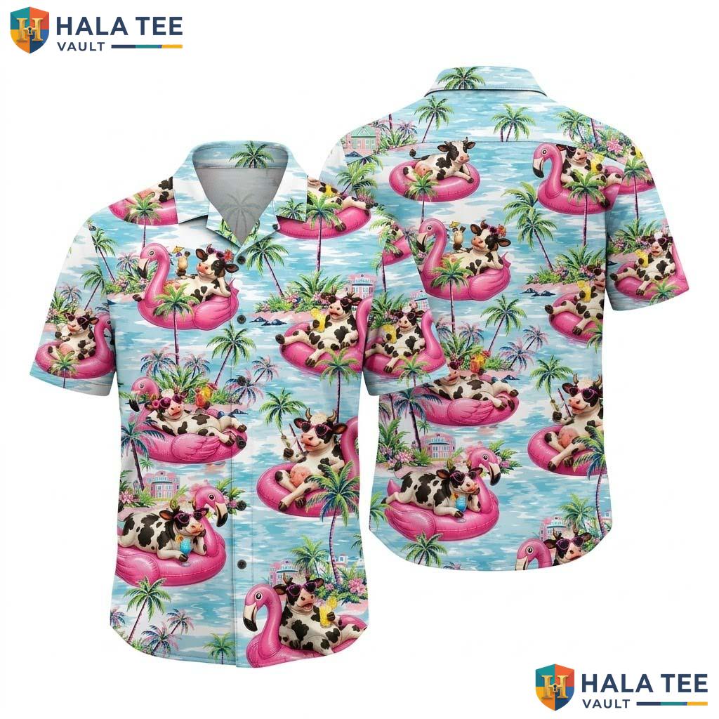 Cow Flamingo Farm Life Hawaiian Shirt Mens Aloha Button Down Summer