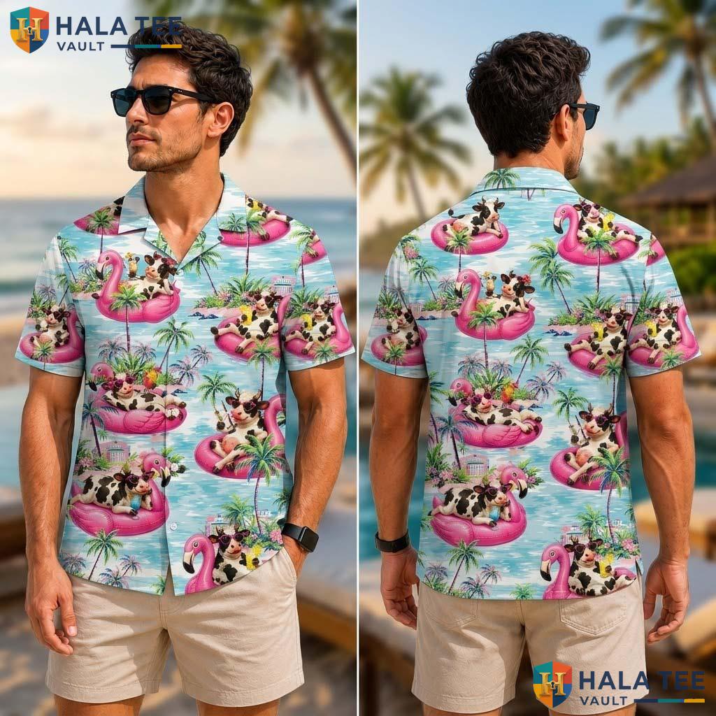 Cow Flamingo Farm Life Tropical Shirt Mens Aloha Button Down Summer
