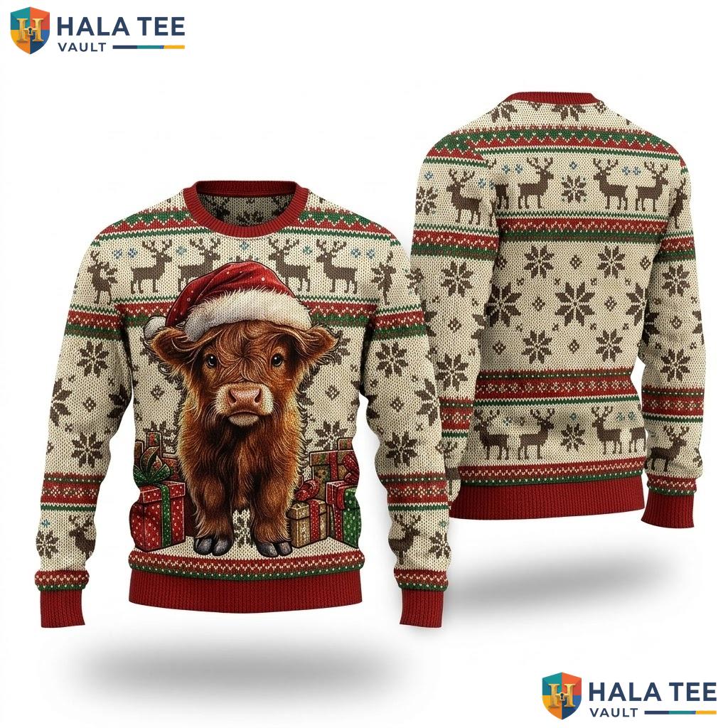 Cow Santa Hat Cartoon Festive Christmas Sweater Whimsical Cute Apparel