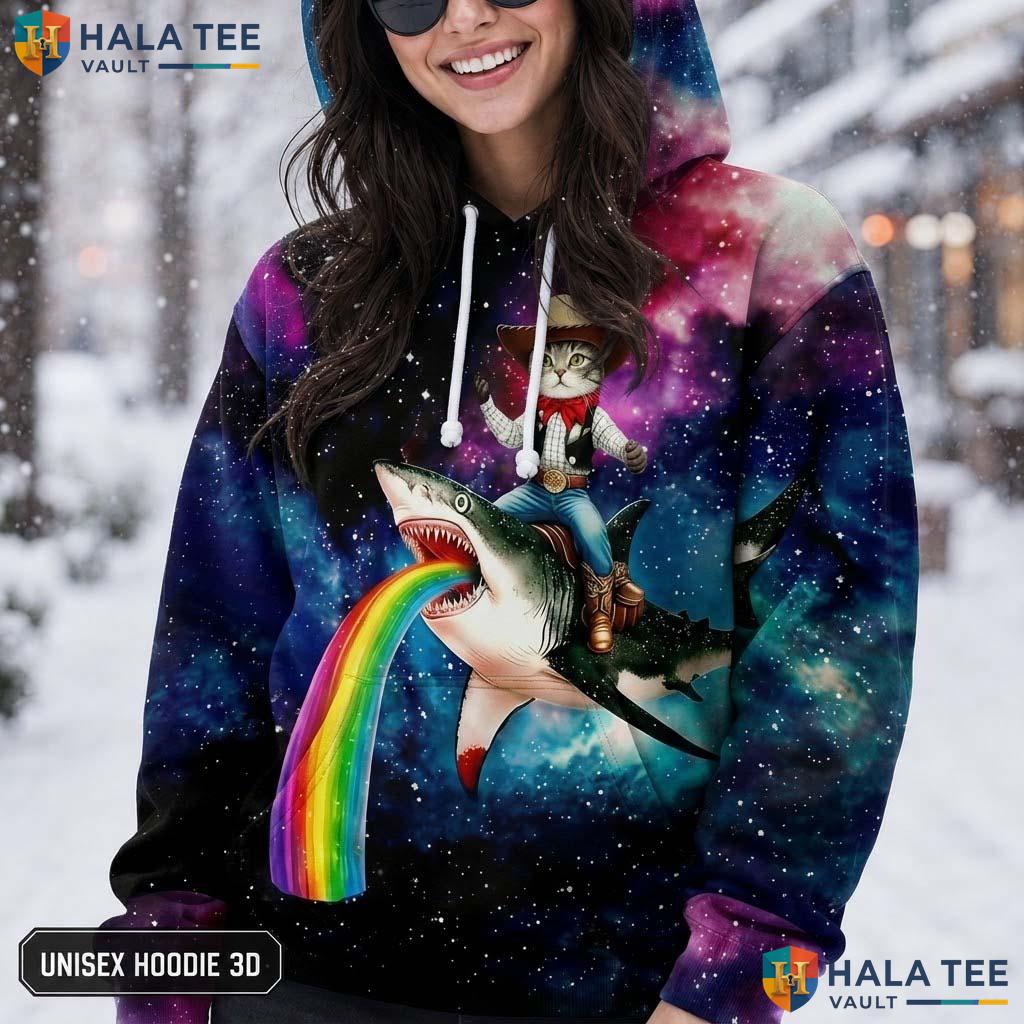Cowboy Cat Shark AOP Hoodie Men Women Skull Graphic Novelty Pullover