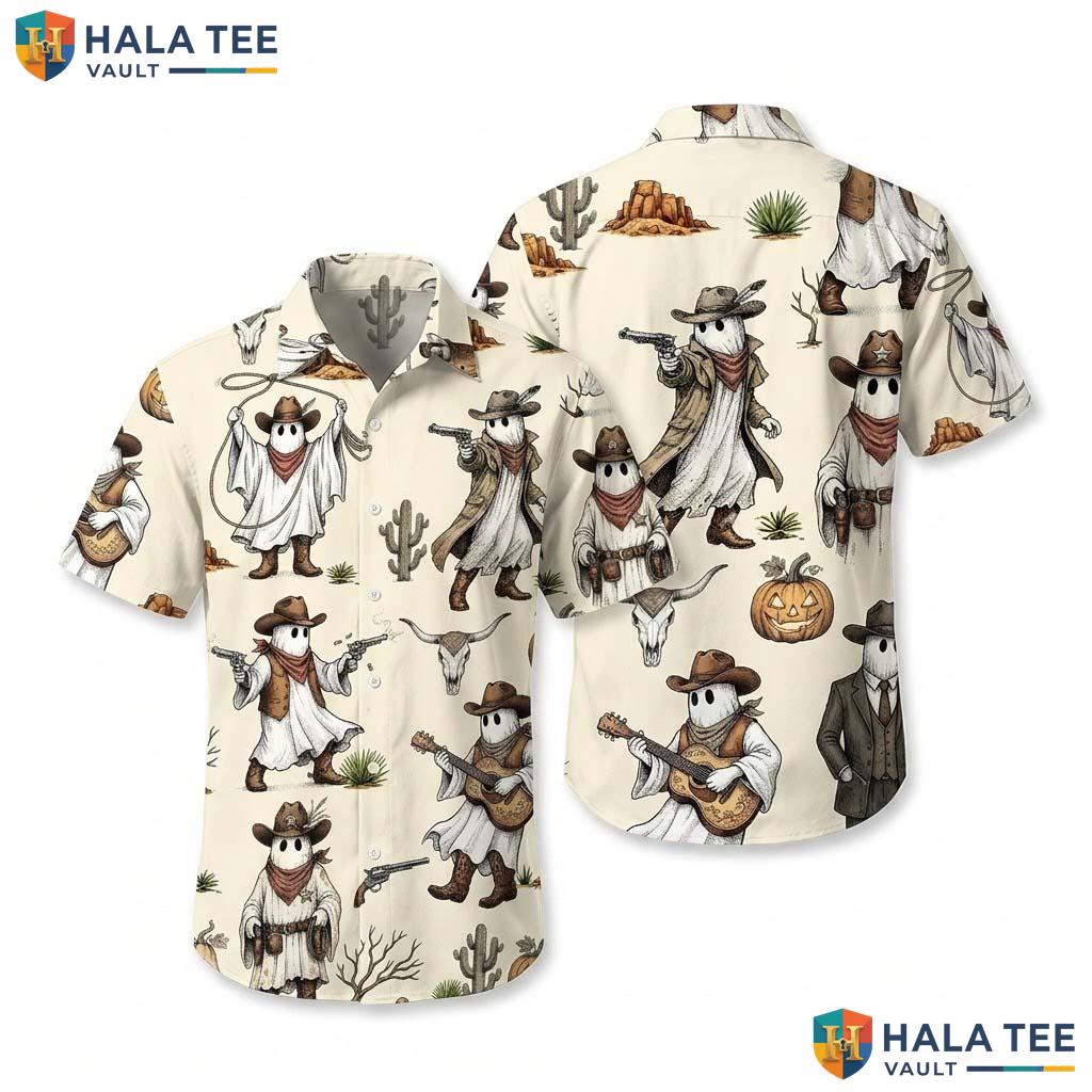 Cowboy Ghost Halloween Hawaiian Shirt Spooky Western Pumpkin Aloha