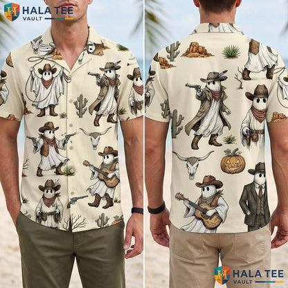 Cowboy Ghost Halloween Hawaiian Shirt Spooky Western Pumpkin Aloha Adult
