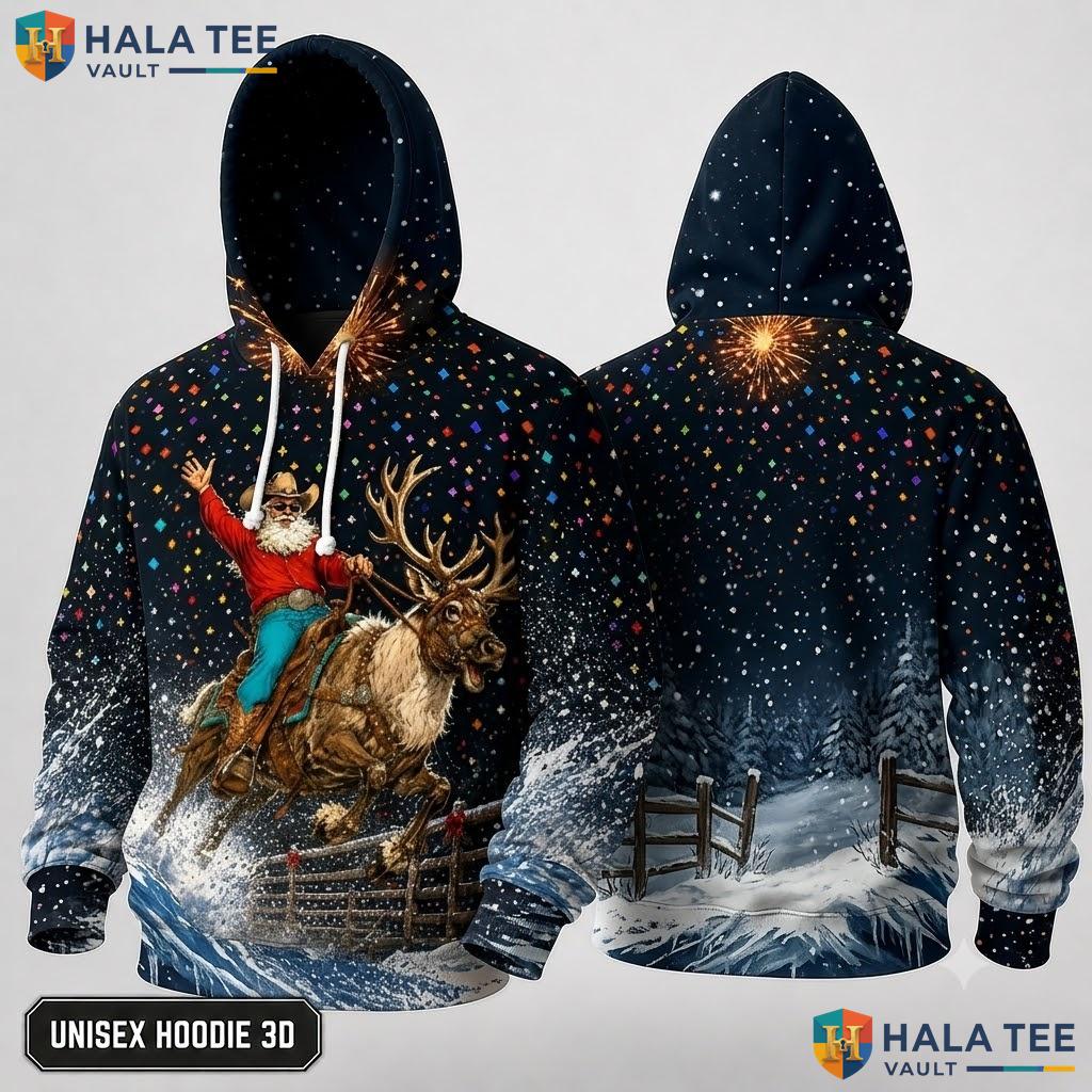 Cowboy Santa Whimsical Christmas 3D Hoodie Festive Printed Mens