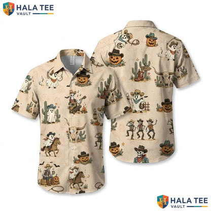 Cowboy Skeleton Halloween Hawaiian Shirt Spooky Cactus Rodeo Aloha