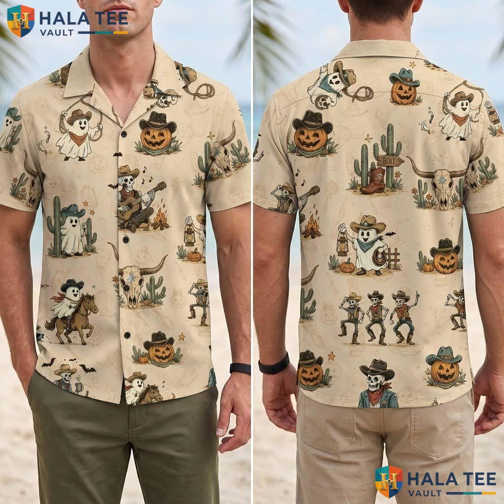 Cowboy Skeleton Halloween Hawaiian Shirt Spooky Cactus Rodeo Aloha Adult