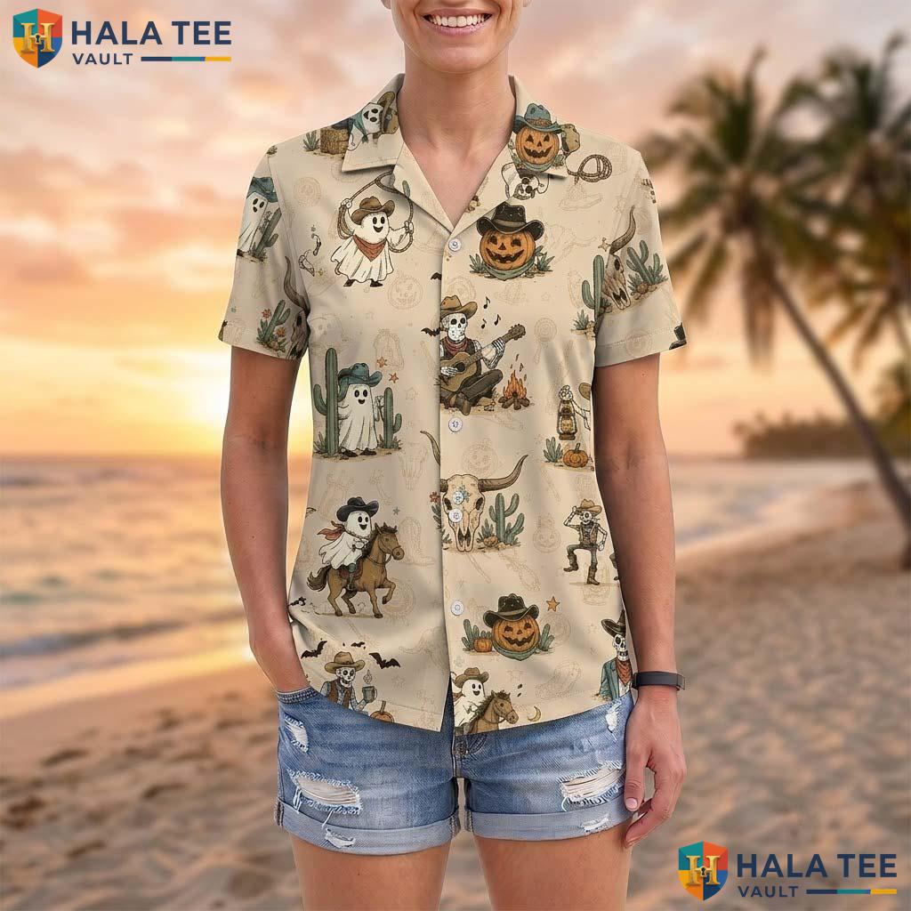 Cowboy Skeleton Halloween Hawaiian Shirt Spooky Cactus Rodeo Aloha Adult