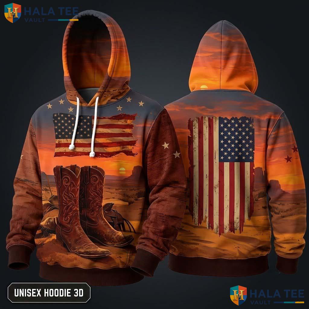 Cowboy Sunset Flag Thanksgiving 3D Hoodie Vintage American Country