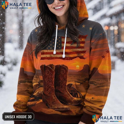 Cowboy Sunset Flag Thanksgiving 3D Printed Hoodie Vintage American Country