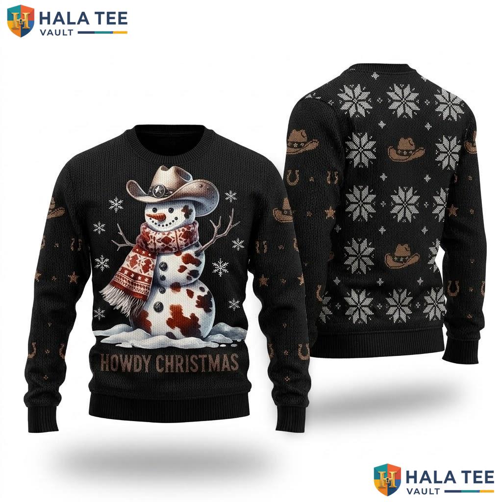 Cowhide Snowman Western Christmas Sweater Howdy Country Cowboy Top