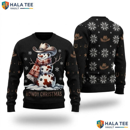Cowhide Snowman Western Christmas Sweater Howdy Country Cowboy Top