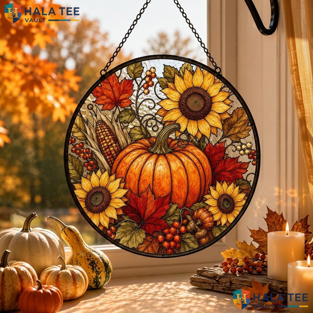 Cozy Autumn Halloween Stained Glass Suncatcher Cozy Pumpkin Sunflower Window