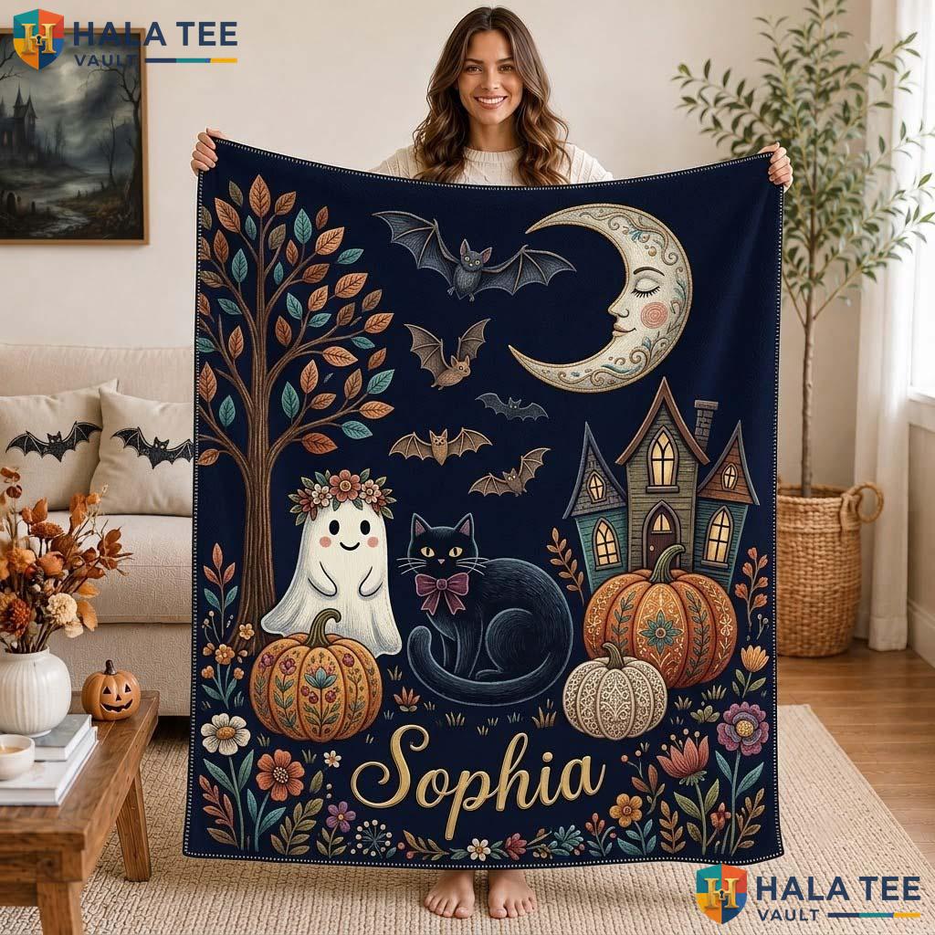 Cozy Ghost Halloween Blanket Custom Name Pumpkin Decor For Kids Throw