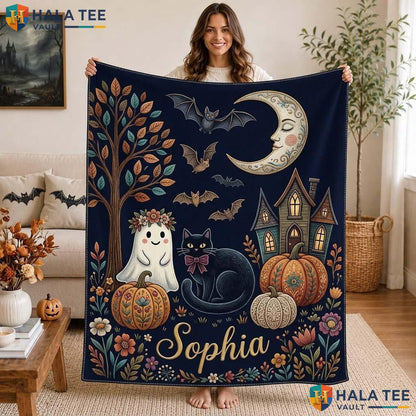 Cozy Ghost Halloween Blanket Custom Name Pumpkin Decor For Kids Throw