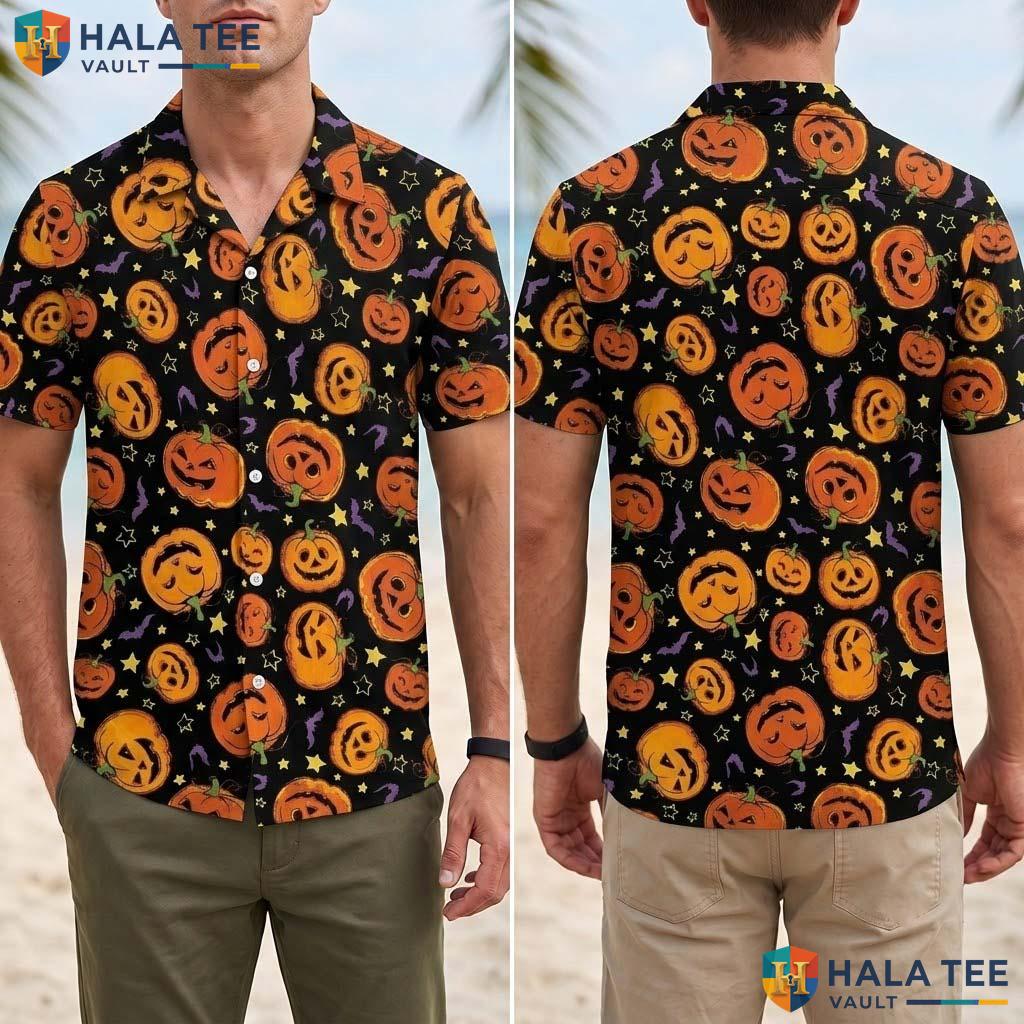 Creepy Pumpkin Halloween Hawaiian Shirt Spooky Season Button Up Top Adult