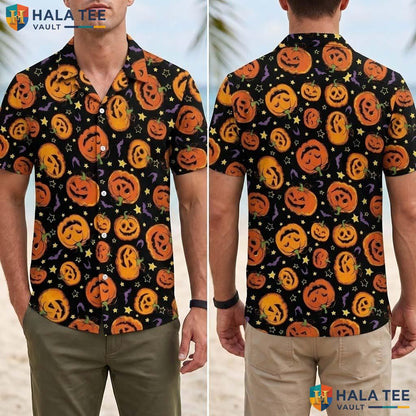 Creepy Pumpkin Halloween Hawaiian Shirt Spooky Season Button Up Top Adult