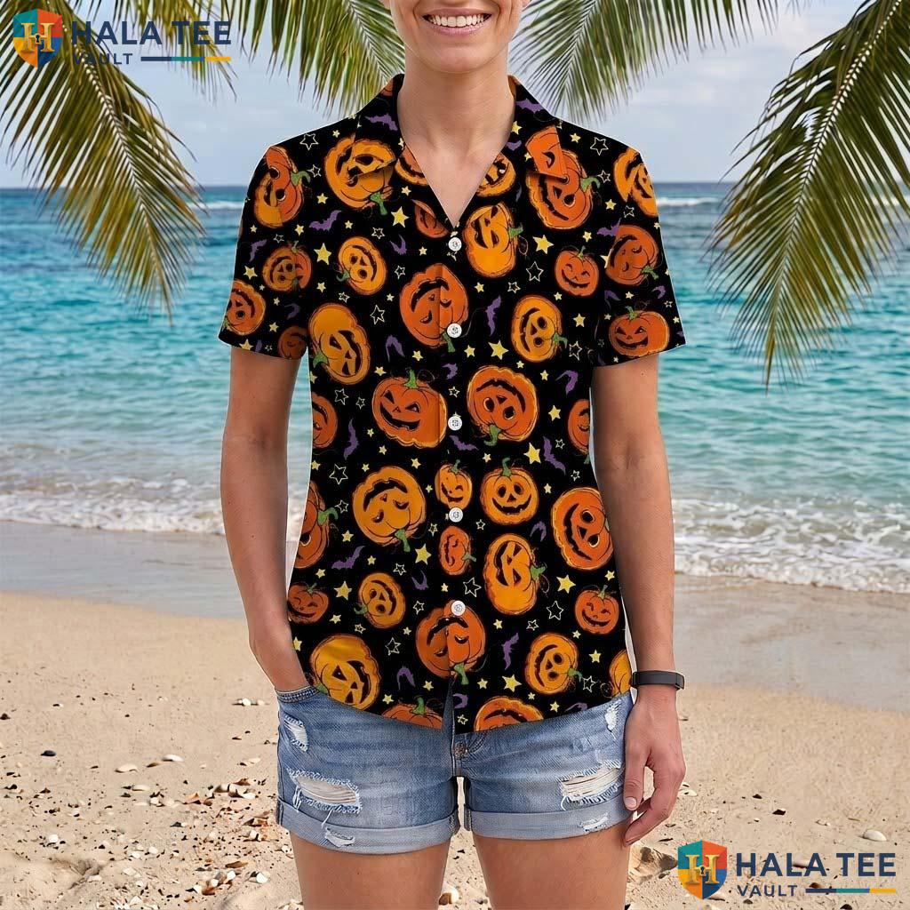 Creepy Pumpkin Halloween Hawaiian Shirt Spooky Season Button Up Top Adult