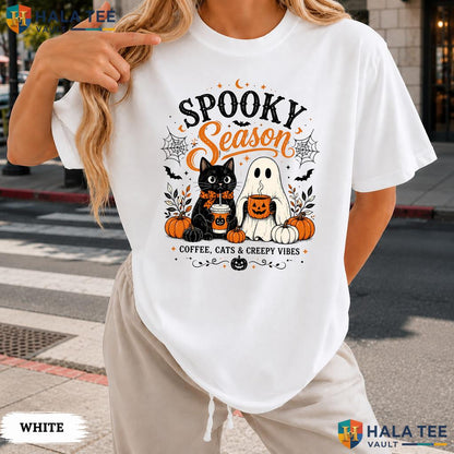 Creepy Vibes Comfort Colors T Shirt Spooky Coffee Cats Ghost Halloween Top