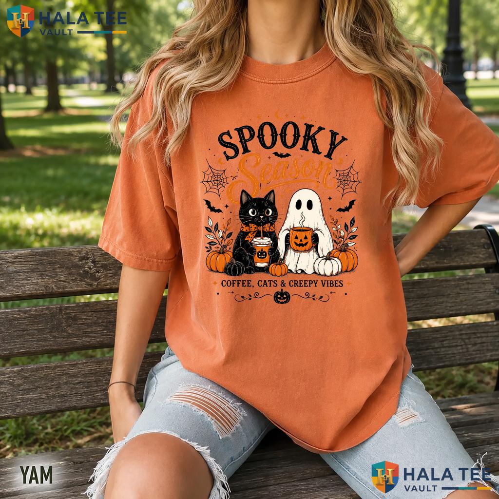 Creepy Vibes Comfort Colors T Shirt Spooky Coffee Cats Ghost Halloween Top Vintage Washed Tee