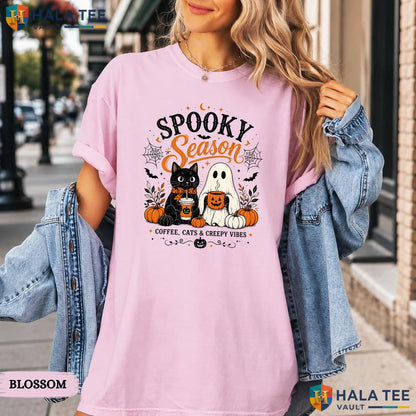 Creepy Vibes Comfort Colors T Shirt Spooky Coffee Cats Ghost Halloween Top Heavyweight Cotton T-Shirt