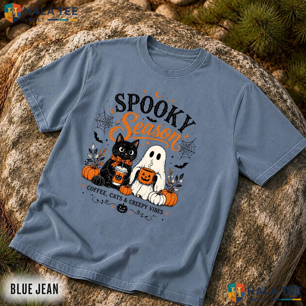 Creepy Vibes Comfort Colors T Shirt Spooky Coffee Cats Ghost Halloween Top Relaxed Fit Tee
