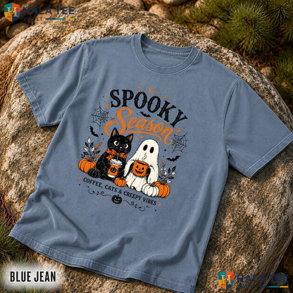 Creepy Vibes Comfort Colors T Shirt Spooky Coffee Cats Ghost Halloween Top Relaxed Fit Tee