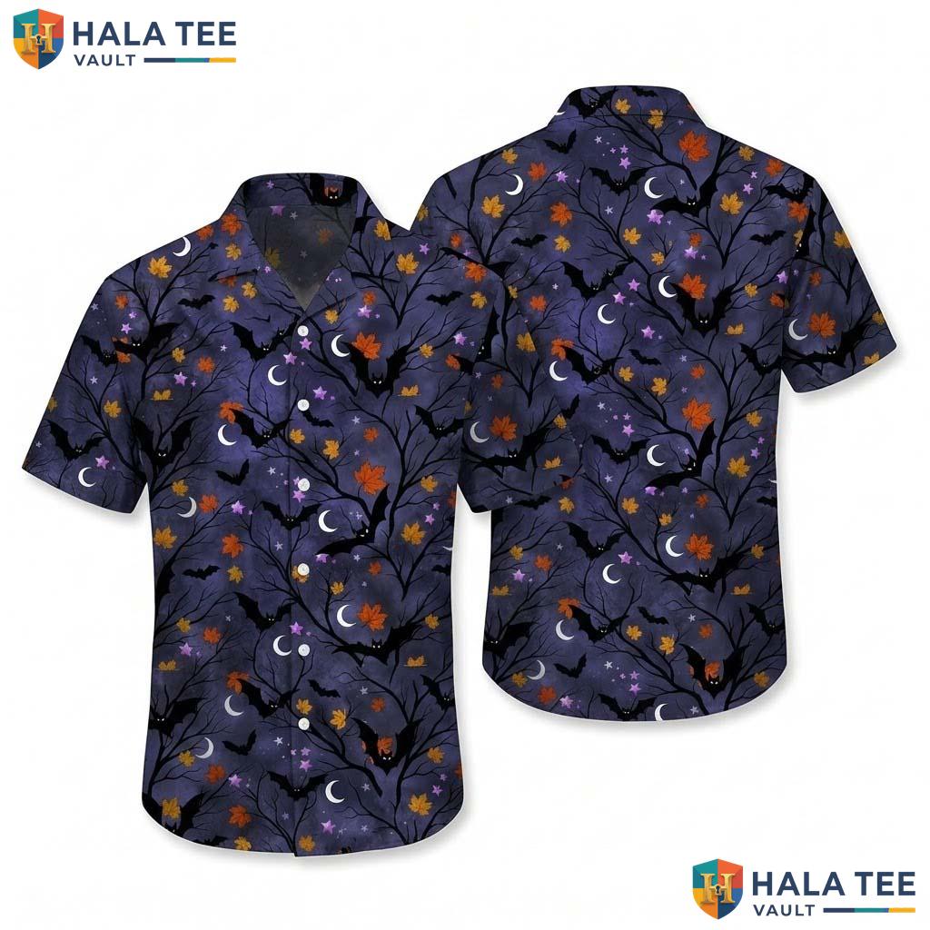 Crescent Moon Halloween Hawaiian Shirt Spooky Bat Maple Leaves Aloha