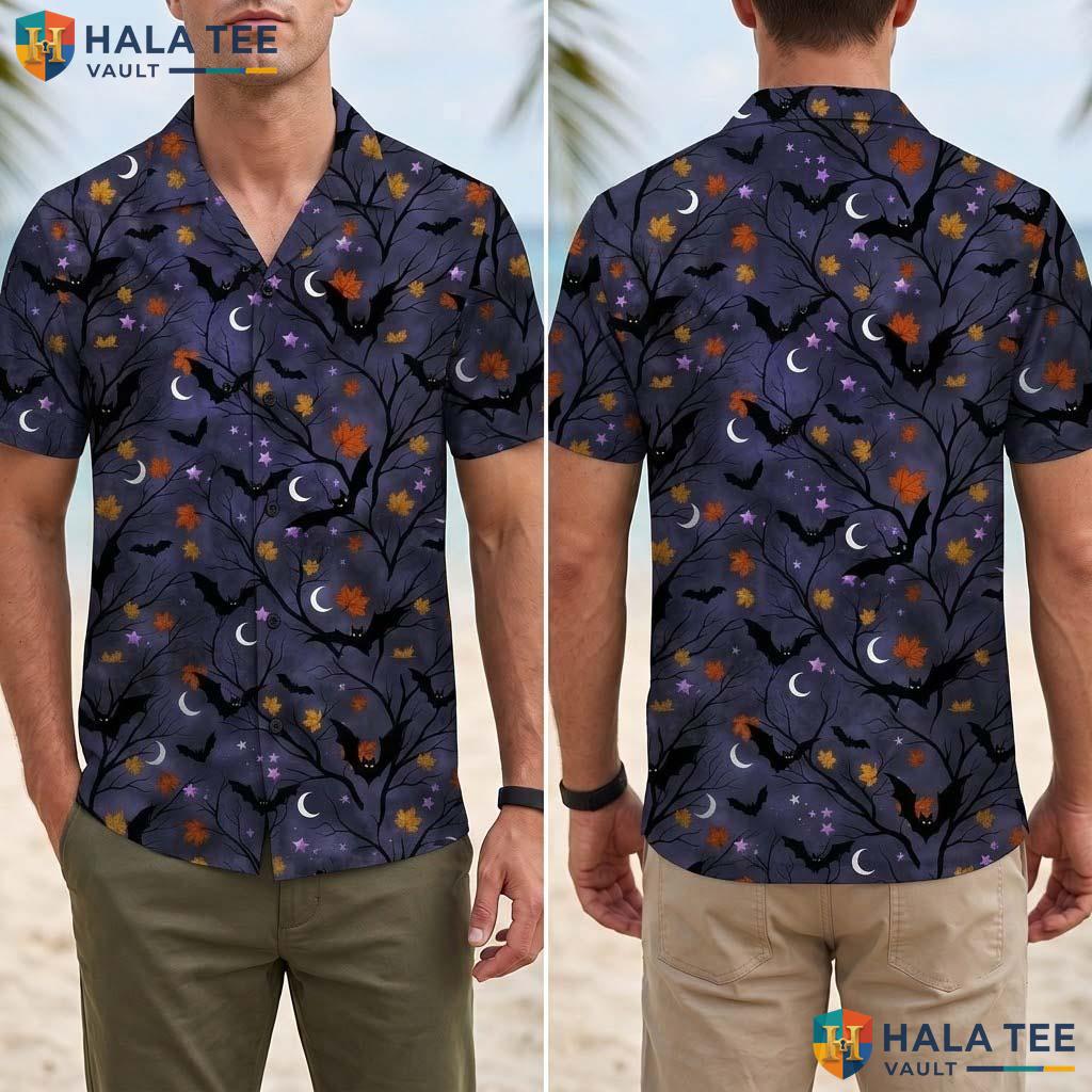Crescent Moon Halloween Hawaiian Shirt Spooky Bat Maple Leaves Aloha Adult
