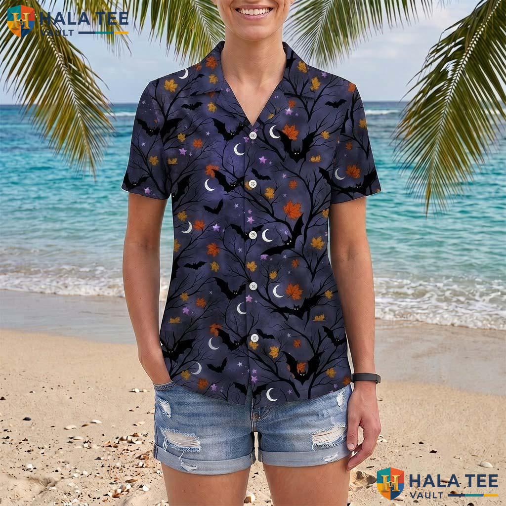 Crescent Moon Halloween Hawaiian Shirt Spooky Bat Maple Leaves Aloha Adult