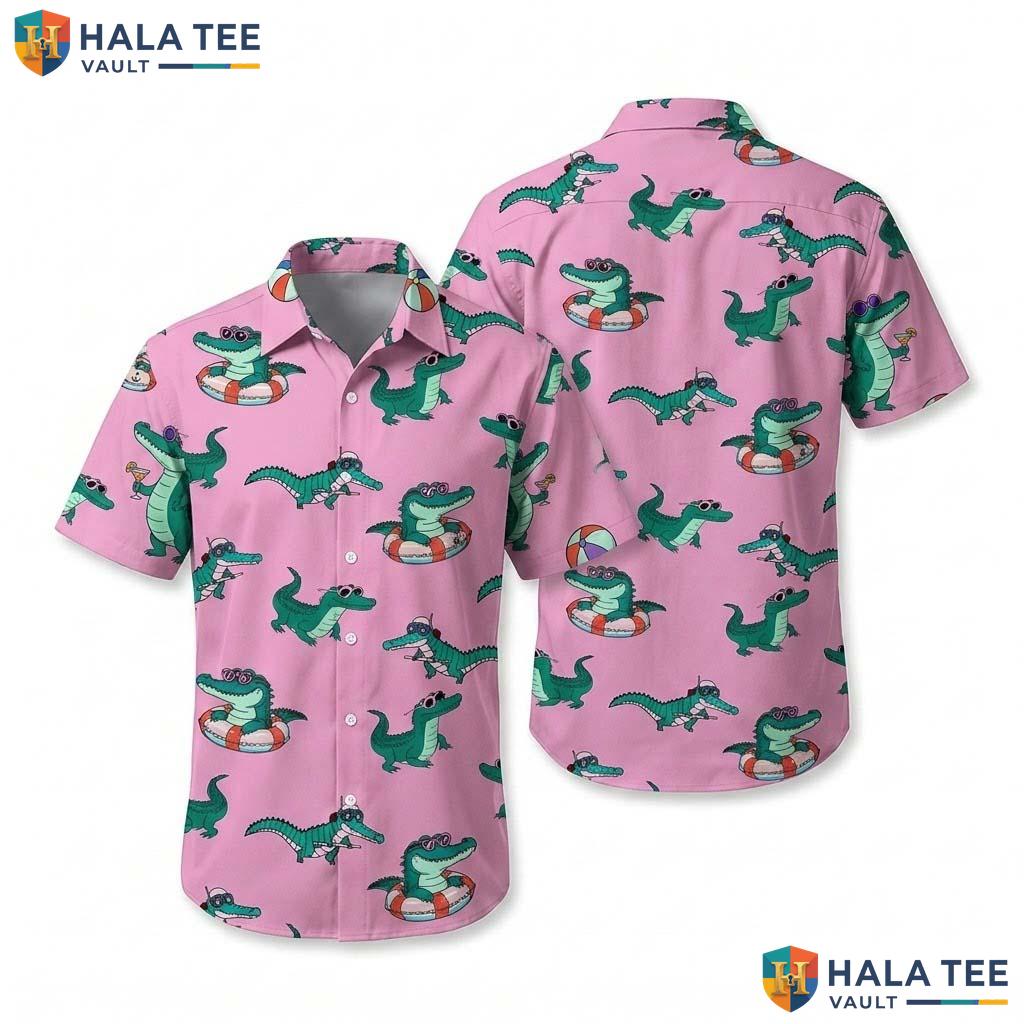 Crocodile Vacation Hawaiian Shirt Pink Novelty Cartoon Crocodile Button Up