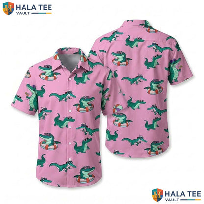 Crocodile Vacation Hawaiian Shirt Pink Novelty Cartoon Crocodile Button Up