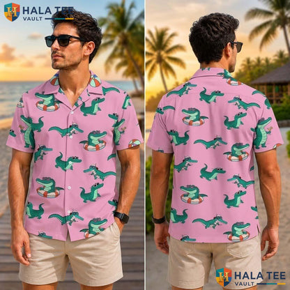 Crocodile Vacation Tropical Shirt Pink Novelty Cartoon Crocodile Button Up