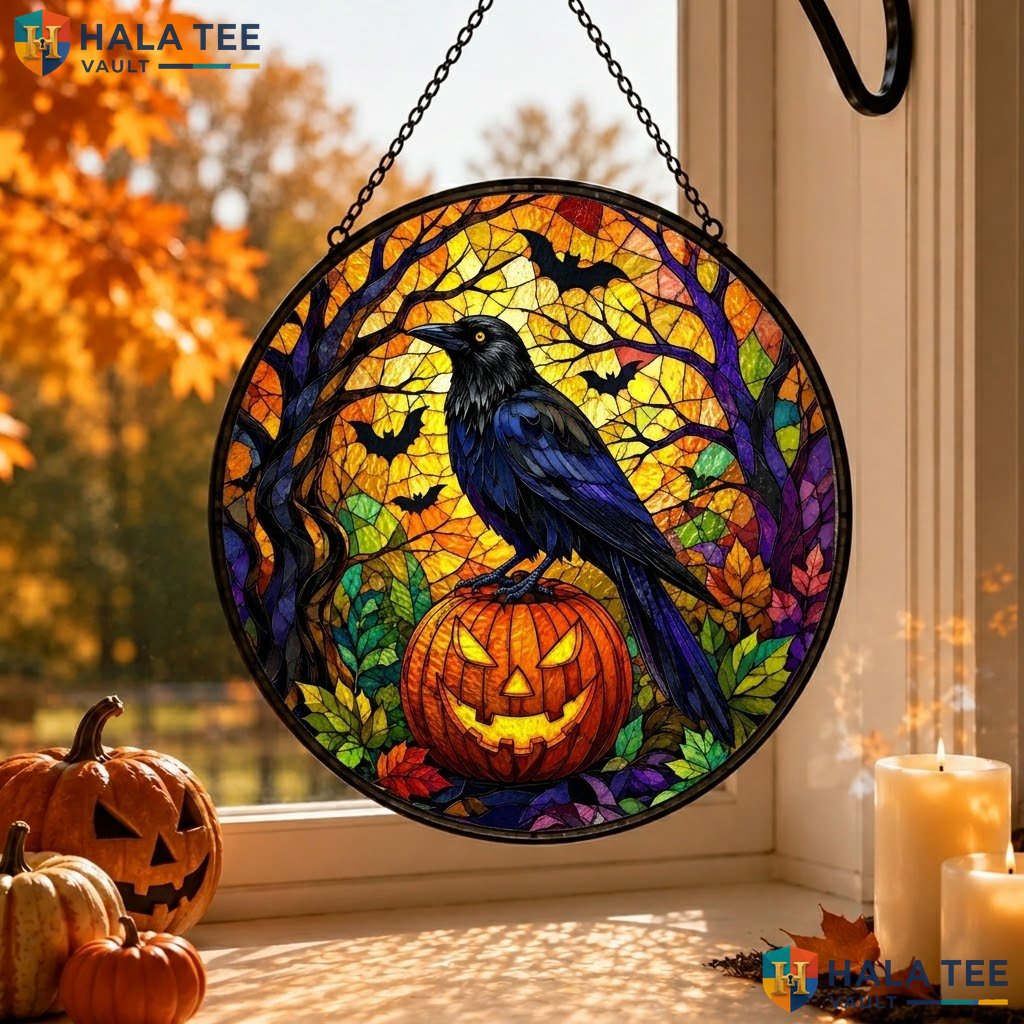 Crow Pumpkin Halloween Stained Glass Suncatcher Spooky Window Room Decor Art
