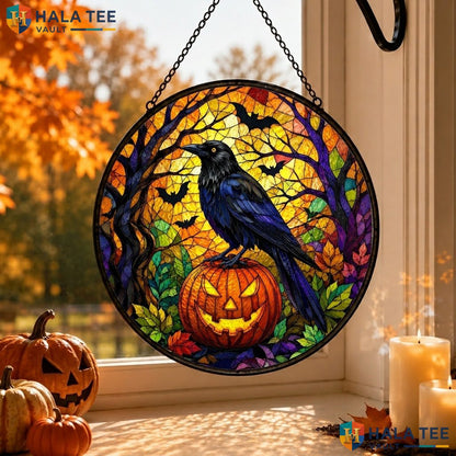 Crow Pumpkin Halloween Stained Glass Suncatcher Spooky Window Room Decor Art