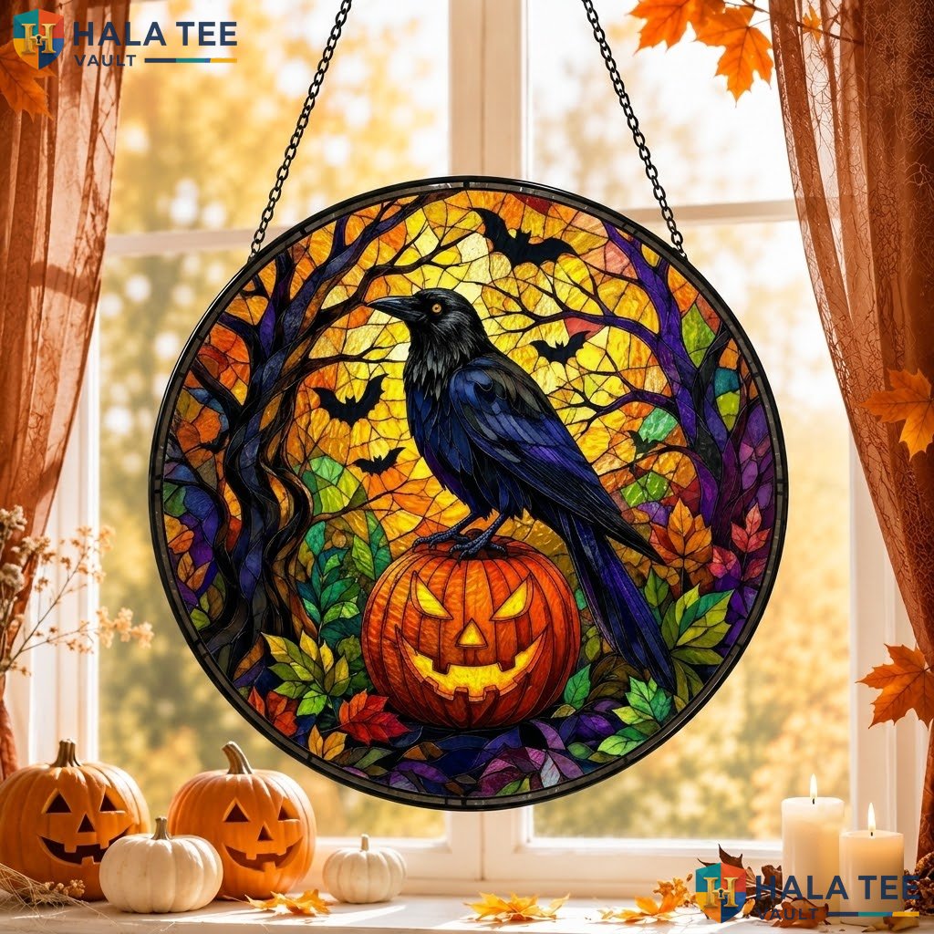 Crow Pumpkin Halloween Stained Glass Suncatcher Spooky Window Room Decor Art Adult
