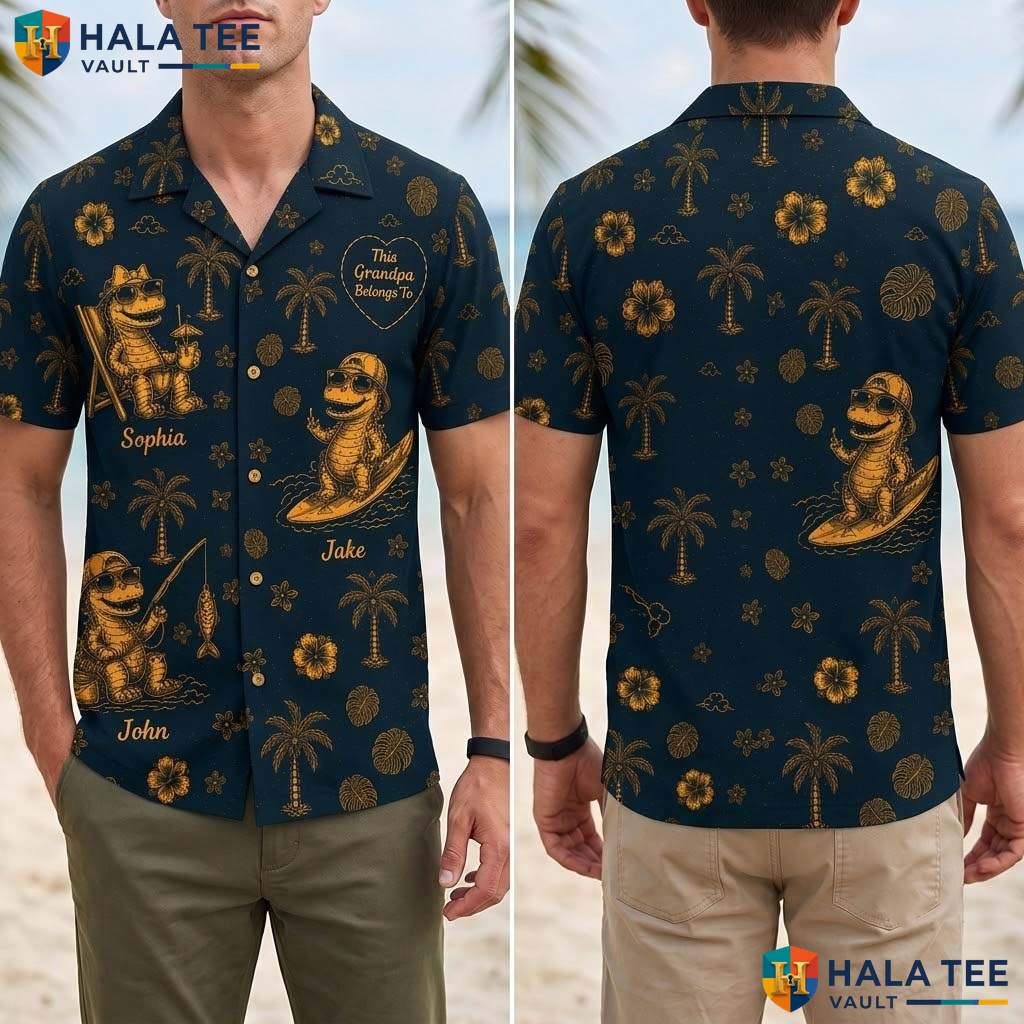 Custom Grandpa Dinosaur Tropical Shirt Personalized Names Gift For Papa