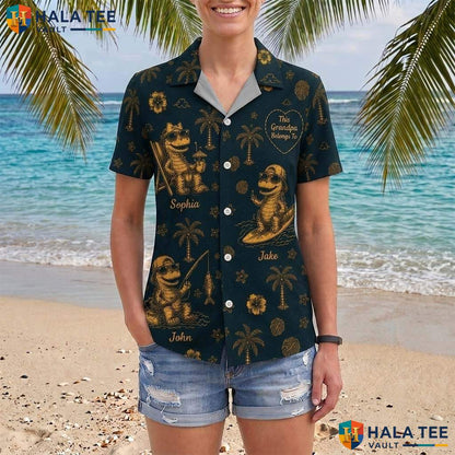 Custom Grandpa Dinosaur Aloha Shirt Personalized Names Gift For Papa