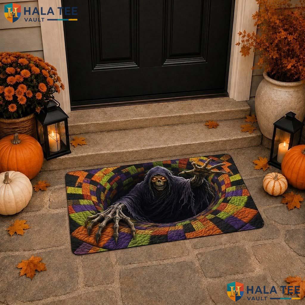 Custom Name Skeleton Halloween Doormat 3D Vortex Optical Illusion Decor