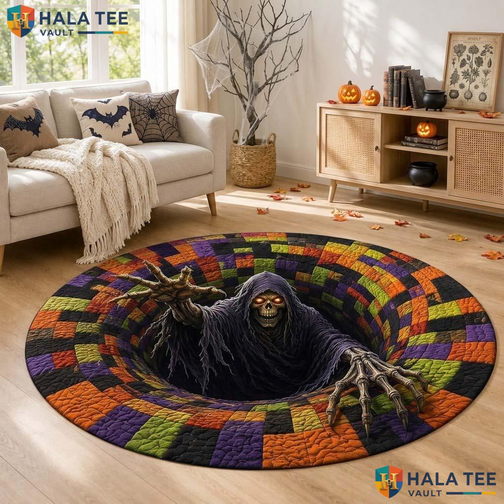 Custom Skeleton Halloween Round Area Rug 3D Vortex Optical Illusion
