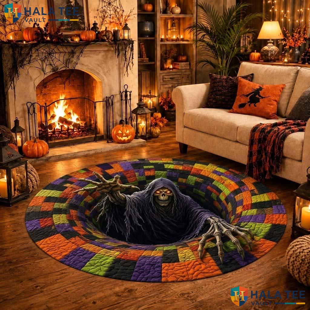 Custom Skeleton Halloween Round Area Rug 3D Vortex Optical Illusion Adult