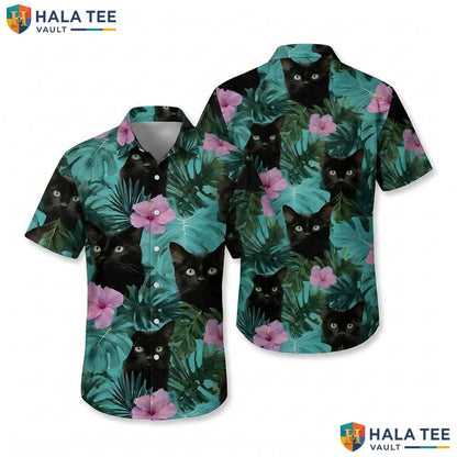 Cute Black Cat Hawaiian Shirt Vibrant Tropical Hibiscus Flower Button Down