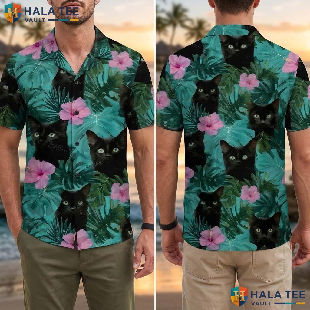 Cute Black Cat Tropical Shirt Vibrant Tropical Hibiscus Flower Button Down
