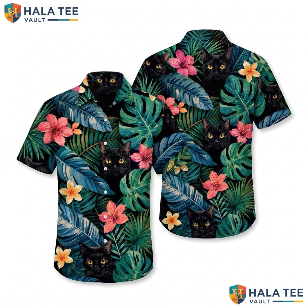 Cute Black Cat Hawaiian Shirt Vibrant Tropical Hibiscus Greenery Button Down