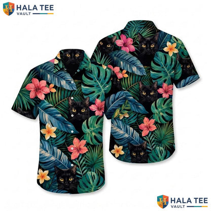 Cute Black Cat Hawaiian Shirt Vibrant Tropical Hibiscus Greenery Button Down