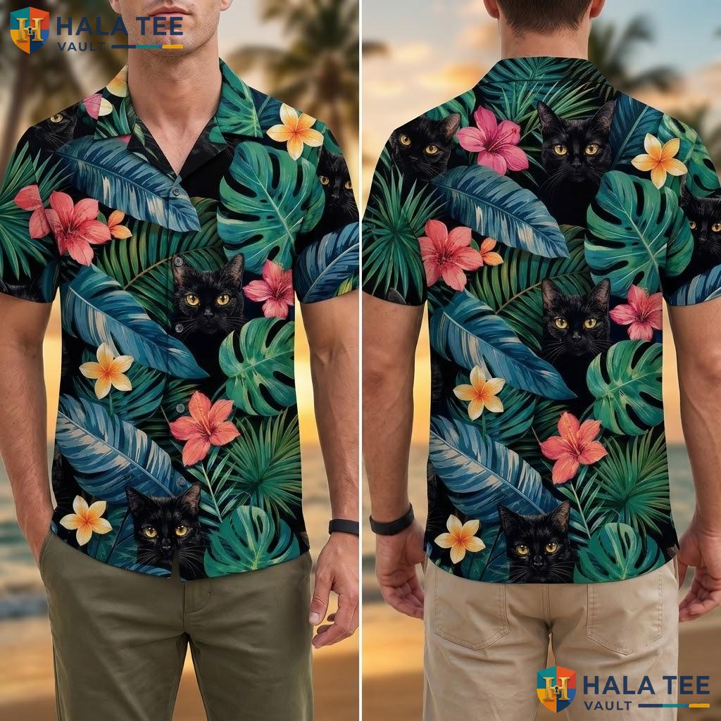 Cute Black Cat Hawaiian Shirt Vibrant Tropical Hibiscus Greenery Button Down Adult