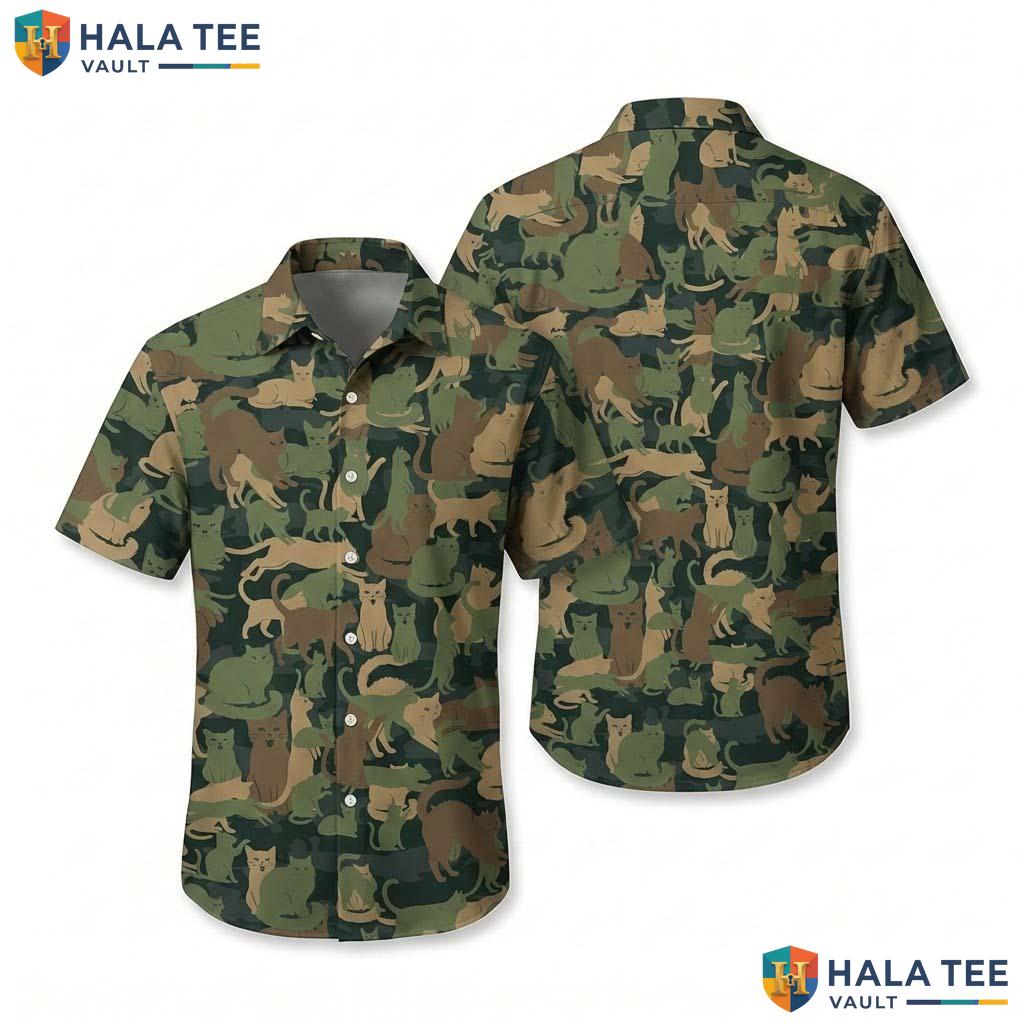 Cute Camouflage Cat Hawaiian Shirt Playful Summer Button Down Top For Men