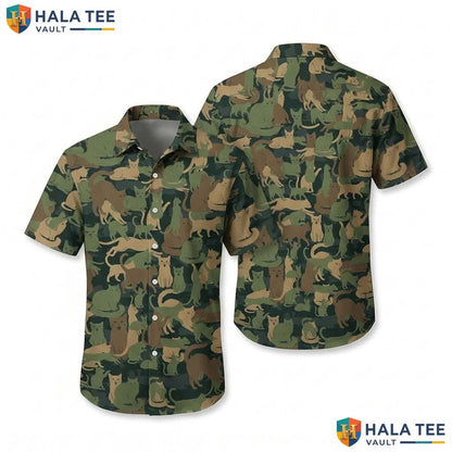 Cute Camouflage Cat Hawaiian Shirt Playful Summer Button Down Top For Men