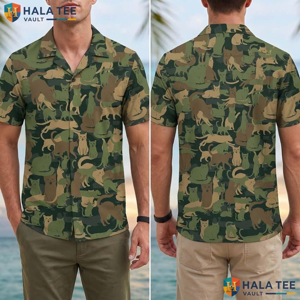 Cute Camouflage Cat Tropical Shirt Playful Summer Button Down Top For Men