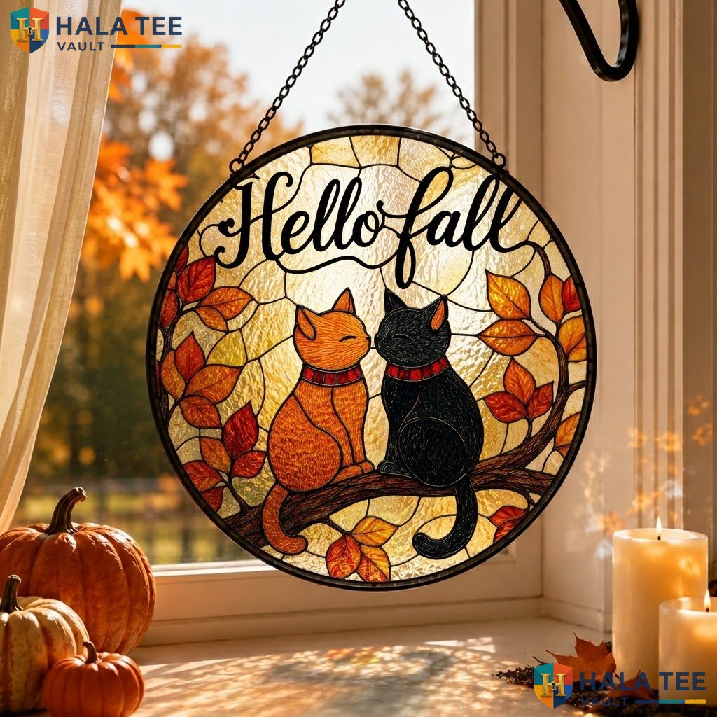 Cute Cat Autumn Halloween Stained Glass Suncatcher Orange Black Spooky Window
