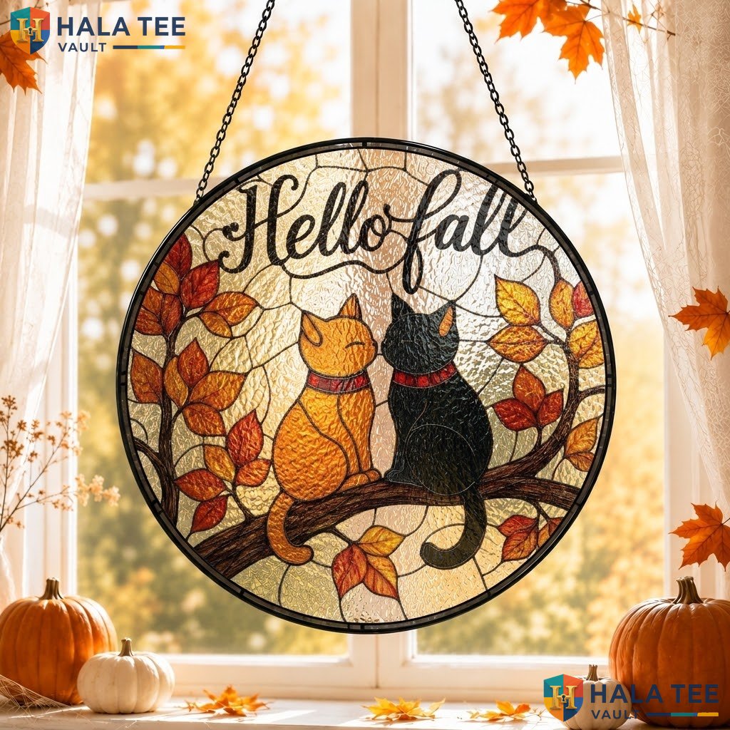 Cute Cat Autumn Halloween Stained Glass Suncatcher Orange Black Spooky Window Adult