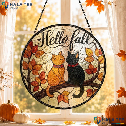 Cute Cat Autumn Halloween Stained Glass Suncatcher Orange Black Spooky Window Adult